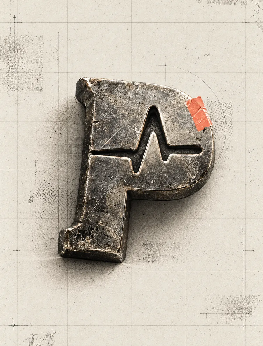 A cast pewter letter P with a heartbeat line