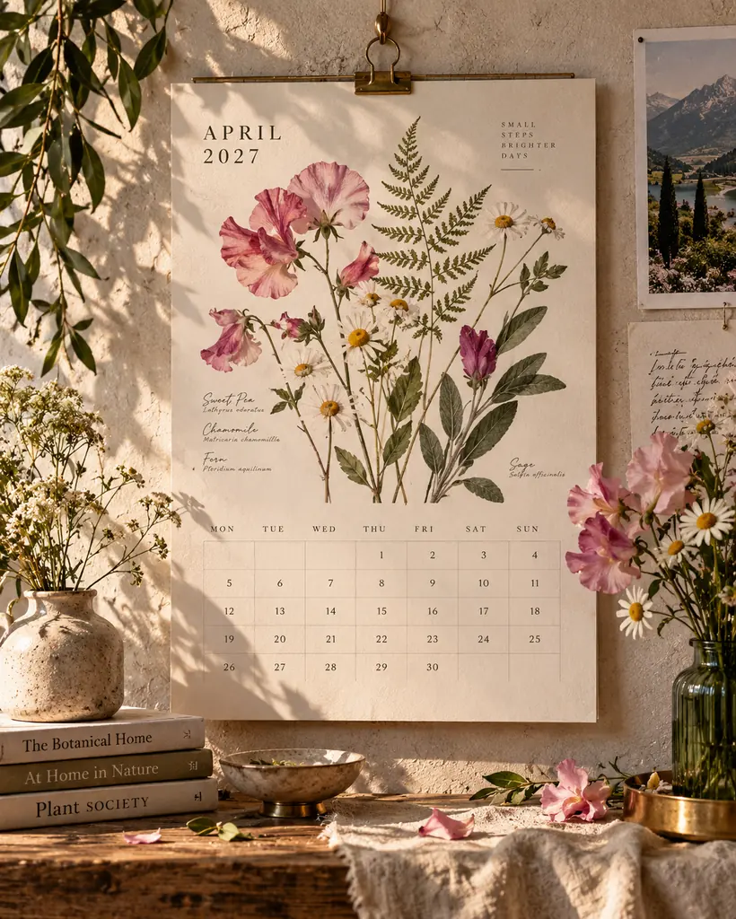 Botanical wall calendar on a sunlit wall