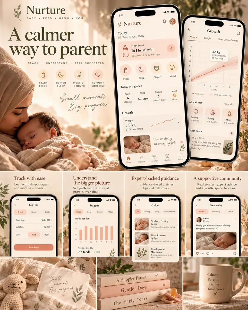 Nurture baby tracker app screens in soft peach tones