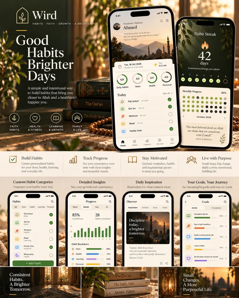 Wird habit app screens in warm light