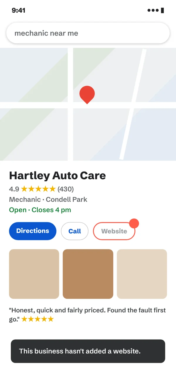 A mechanic's Google listing with 430 five-star reviews and no website